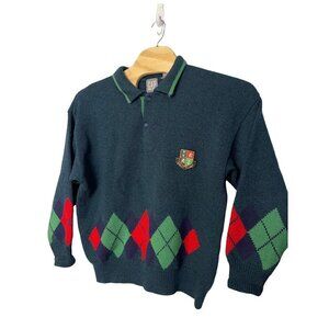 Vintage Gap Sweater Mens L Green Argyle 100% Wool World Classic Collared Preppy